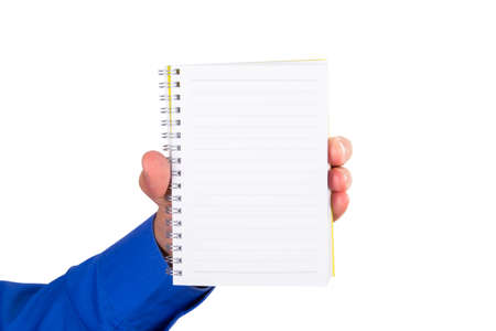 Businessman holding white, blank notebook, isolated on white background.の写真素材