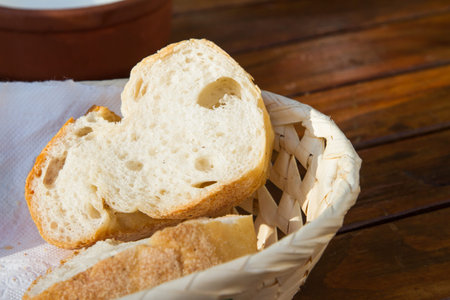 Bread pieces in basket on table.の写真素材