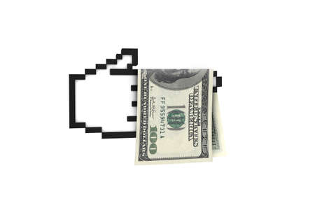 Hundred dollar banknote on computer mouse hand cursor icon, isolated on white background.の写真素材