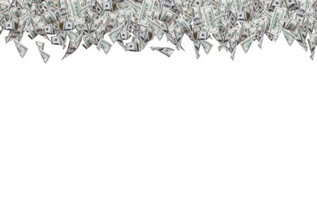 One hundred dollar banknotes flying on top border, isolated on white background.の写真素材
