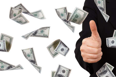 One hundred dollar money banknotes flying and falling down with confirmation sign of young business woman, isolated on white background.の写真素材