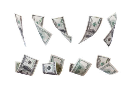 Flying one hundred dollar money banknotes, isolated on white background.の写真素材