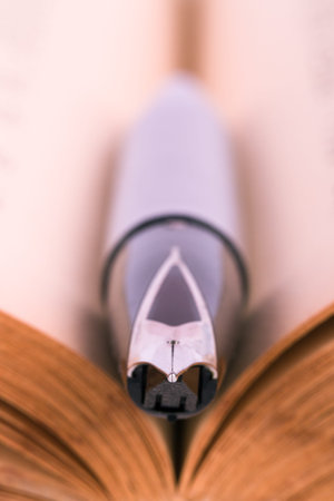 Close up, macro view of black fountain pen between history book pages with depth of field.の写真素材