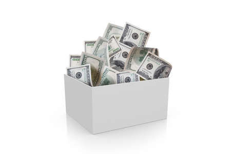 Full of one hundred dollar banknotes in white box, isolated on white background.の写真素材