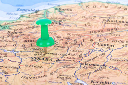 Green pushpin showing and pointing the location of destination point on map Ankara, Turkey.の写真素材