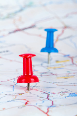 Red and blue pushpin showing and pointing the location of destination point on map Ankara, Turkey.