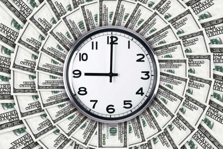Time and working concept, wall clock on one hundred dollar banknote texture.の写真素材