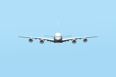 Passenger air plane flying in the sky, front view,, blue background.