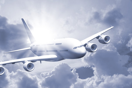 Passenger air plane flying in the sky, front view, cloudy background.