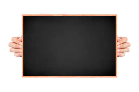 Hand holding blank black board with copy space, isolated on white background.の写真素材