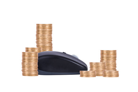 Mouse and coins, isolated on white background.