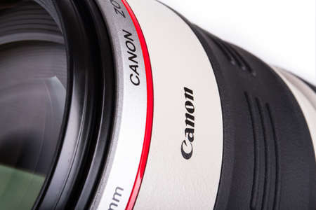 ISTANBUL, TURKEY - MAY 19, 2014: The logo of Canon on lens.のeditorial素材