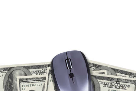 Finance concept, dollar banknotes under computer mouse with copy space for your design, isolated on white background.の写真素材