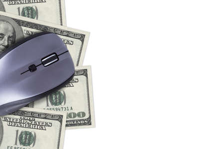 Finance concept, one hundred dollar banknotes under mouse with copy space for your design, isolated on white background.の写真素材