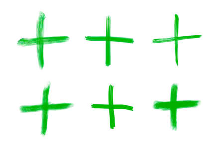 Variations of green plus symbols for mathematic operations, isolated on white background.の写真素材