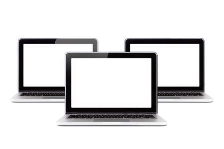 Front view of three laptops with blank, empty screens for multi functionality, isolated on white background.の写真素材