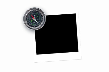 Blank, black picture frame with compass, isolated on white background.の写真素材