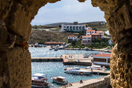 View marina from window of Tenedos Castle, Bozcaada, Canakkale, Turkey.のeditorial素材