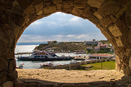 View marina from window of Tenedos Castle, Bozcaada, Canakkale, Turkey.のeditorial素材