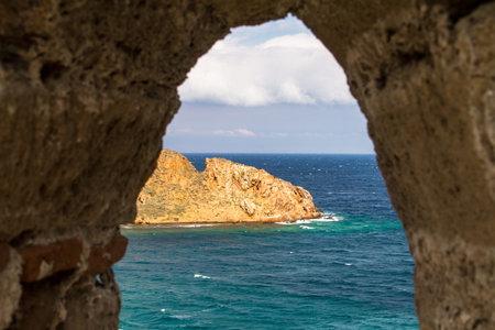 View from window of Tenedos Castle, Bozcaada, Canakkale, Turkey.のeditorial素材