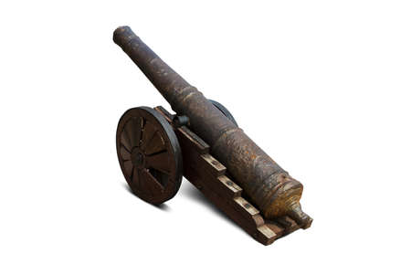 Back view of field gun, cannon, battle and war equipment, isolated on white background.の写真素材