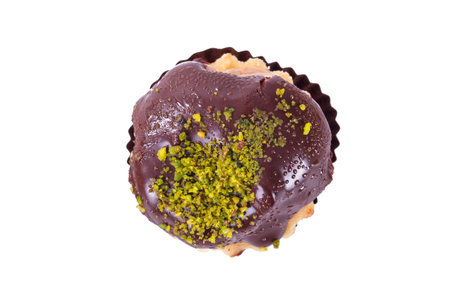 Close up view of homemade chocolate tasty cake, isolated on white background.