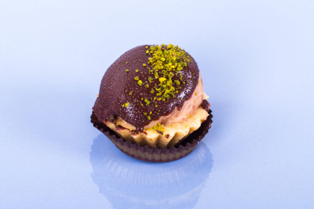 Single sweet cake with chocolate and cacao on plate.
