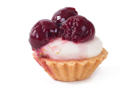 Close up view of single strawberry tasty cake, isolated on white background.の写真素材