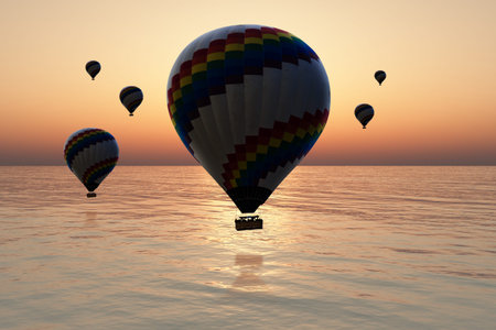 Hot air balloon flying over the sea in sunrise or sunset.