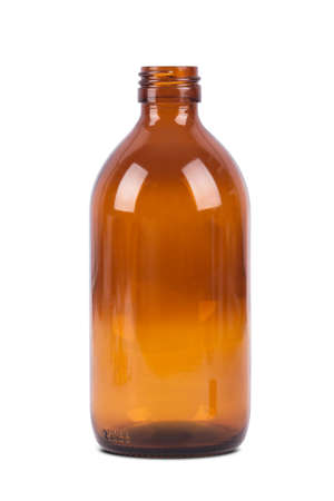 Close-up empty brown medical / pill bottle with front side of view, isolated on white background.の写真素材