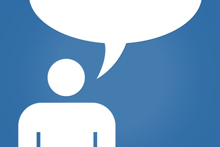 Male or man icon speaking talking with speech buble on blue background.