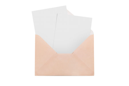 Front view of close up open envelope with two letters inside, isolated on white background.の写真素材