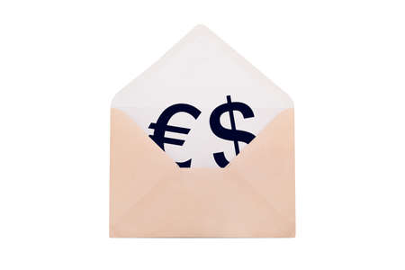Front view of close up open envelope with euro sign and dollar sign inside, isolated on white background.の写真素材
