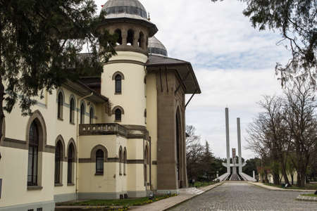 Close up front view of old historical train station bulding, rectorship building of Trakya University.のeditorial素材