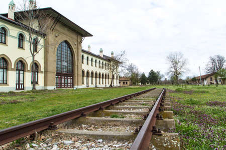 Long train rails with pebbles.のeditorial素材