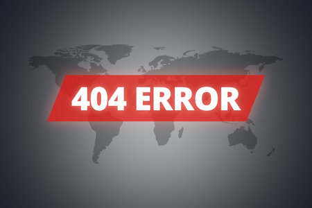 404 error message on technological screen on dark world map background.