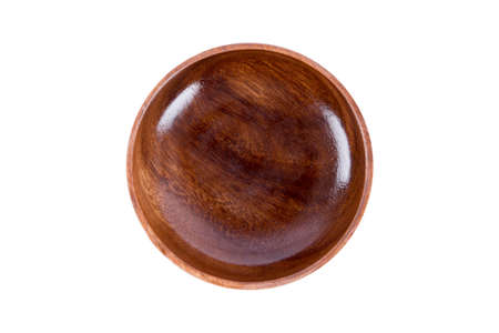 Close up top view of wooden empty bowl, isolated on white background.の写真素材