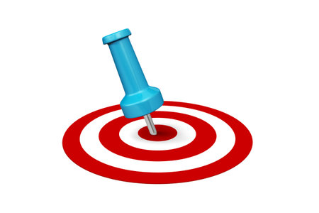 Close up front view of dart target aim, successful shot, isolated on white background.の写真素材