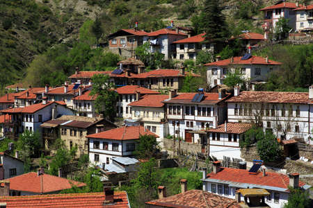 Historical old white small wooden houses of Mudurnu among mountains and trees.の写真素材