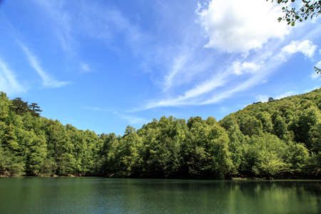 View of smooth lake surrounded by forest among mountains, on cloudy sky background.の写真素材