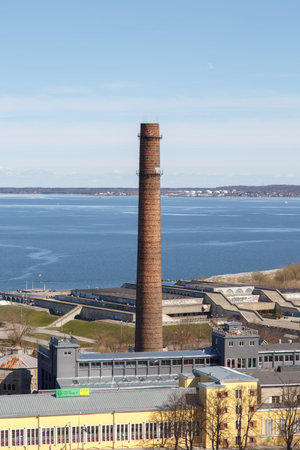 TALLINN, ESTONIA - APRIL 25, 2015 : Top view of industrial zone and marina of Tallinn, on blue sky background.のeditorial素材