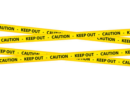 Yellow caution tape strips with text of keep out and caution, isolated on white background.の写真素材
