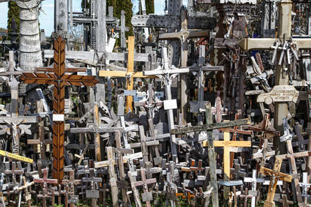 SIAULIAI, LITHUANIA - MAY 1, 2015 : View of hill of crosses with over four hundred thousand crosses and crucifix, which is thought  tradition of putting a cross traces to 1800s.のeditorial素材