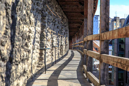 TALLINN, ESTONIA - APRIL 25, 2015 : Close up view of the observation deck of Tallinn Walls in Estonia, ancient stone fortress from medieval time, on blue sky background.のeditorial素材