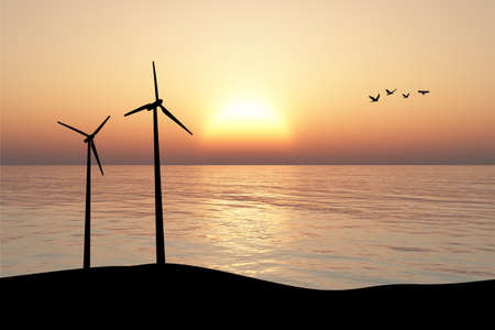 Front silhouette view of high windmill energy turbine on a hill inside lake or sea, on sunset or sunrise background.の写真素材