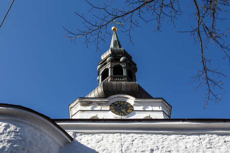Close up detailed bottom view of the cathedral church of St Mary's located in Toompea Hill, in Tallinn, Estonia, on blue sky background.の写真素材