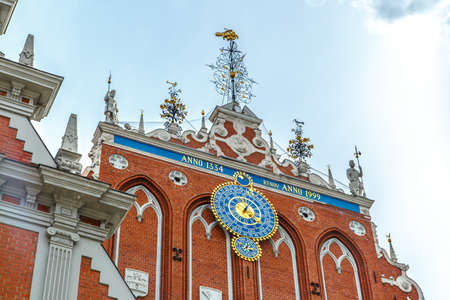 RIGA, LATVIA - MAY 2, 2015 : Close up bottom view of House of Blackheads which was first mentioned in 13th century, destroyed during world war II and restored in 2000 after Latvia's independence.のeditorial素材