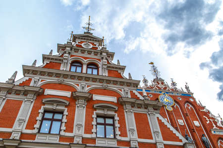 RIGA, LATVIA - MAY 2, 2015 : Close up bottom view of House of Blackheads which was first mentioned in 13th century, destroyed during world war II and restored in 2000 after Latvia's independence.のeditorial素材