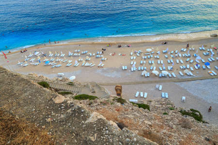 ANTALYA, TURKEY - JULY 17, 2015 : Top view of famous canyon junction beach of Antalya, Kaputas Beach with its turquoise water color, view of people swimming and sunbathing.のeditorial素材