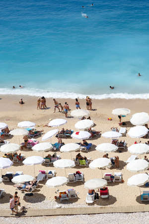 ANTALYA, TURKEY - JULY 19, 2015 : Top view of famous canyon junction beach of Antalya, Kaputas Beach with its turquoise water color, view of people swimming and sunbathing.のeditorial素材